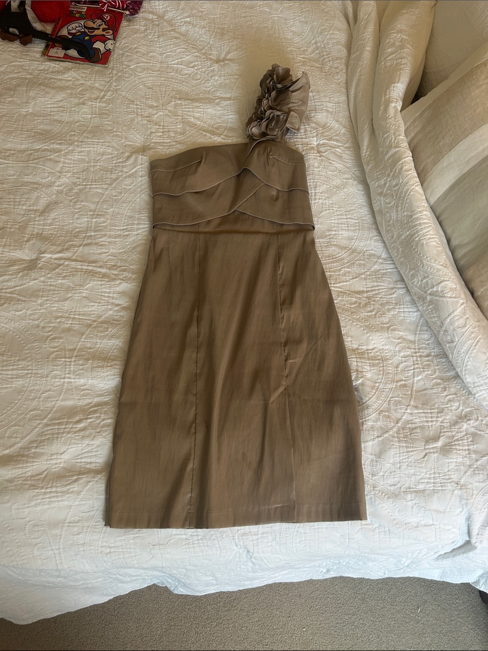 Romeo & Juliet Couture One-Shoulder Taupe Dress with Rosette Strap